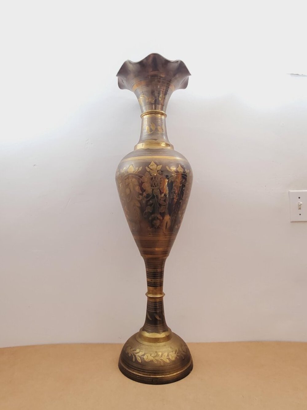 Solid Brass Large Floor Vase with Etched Flower Design Vintage Tall Pedestal